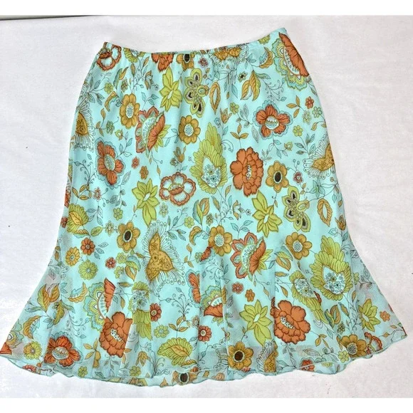 Vintage Y2K Skirt Lined Floral Aqua 70s-inspired A-Line Flowy Lightweight Large - Picture 1 of 6
